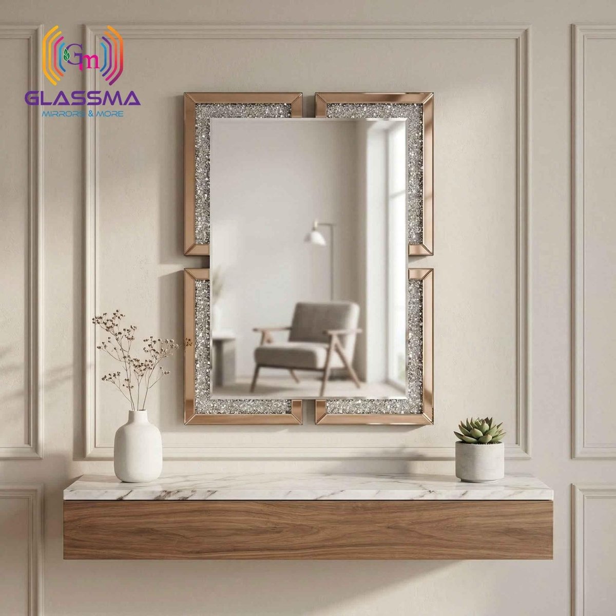 Crystal Diamond Rectangular Wall Mirror | Decorative Copper Frame Vanity Mirror for Bathroom